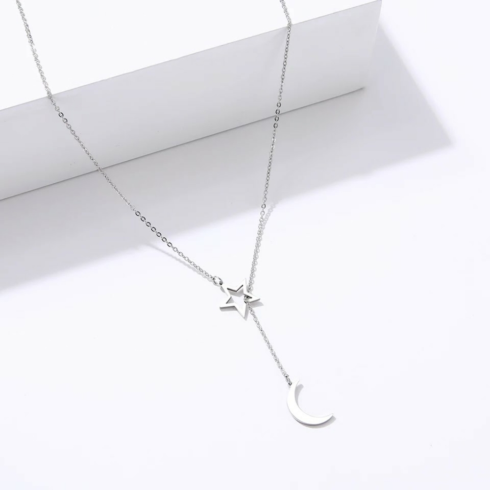 Simple Moon & Hollow Star Long Lariat Necklace